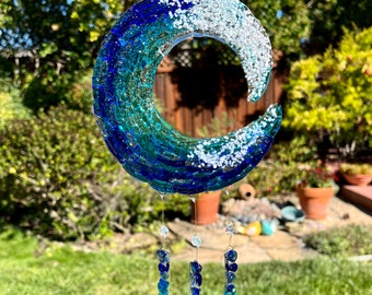 Fused Glass Ocean Wave Windchime, Glass Wave Art, Beach Suncatcher, Blue Ocean Waves Wall Hanging, Turquoise Sea Glass Art