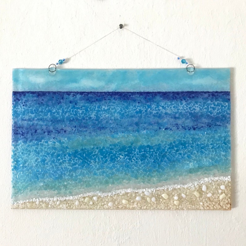 Fused Glass Beach Wall Art Sea Glass Sun Catcher Blue Ocean Etsy