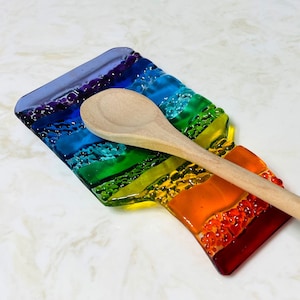 Fused Glass Rainbow Spoon Rest, Rainbow Glass Art, Mother&#39;s Day Gift, Colorful Kitchen Decor