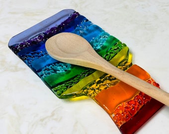 Fused Glass Rainbow Spoon Rest, Rainbow Glass Art, Mother's Day Gift, Colorful Kitchen Decor