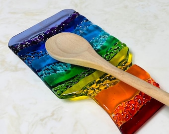Fused Glass Rainbow Spoon Rest, Rainbow Glass Art, Mother&#39;s Day Gift, Colorful Kitchen Decor