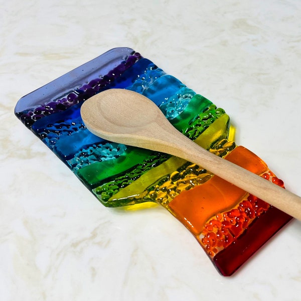 Fused Glass Rainbow Spoon Rest, Rainbow Glass Art, Mother's Day Gift, Colorful Kitchen Decor