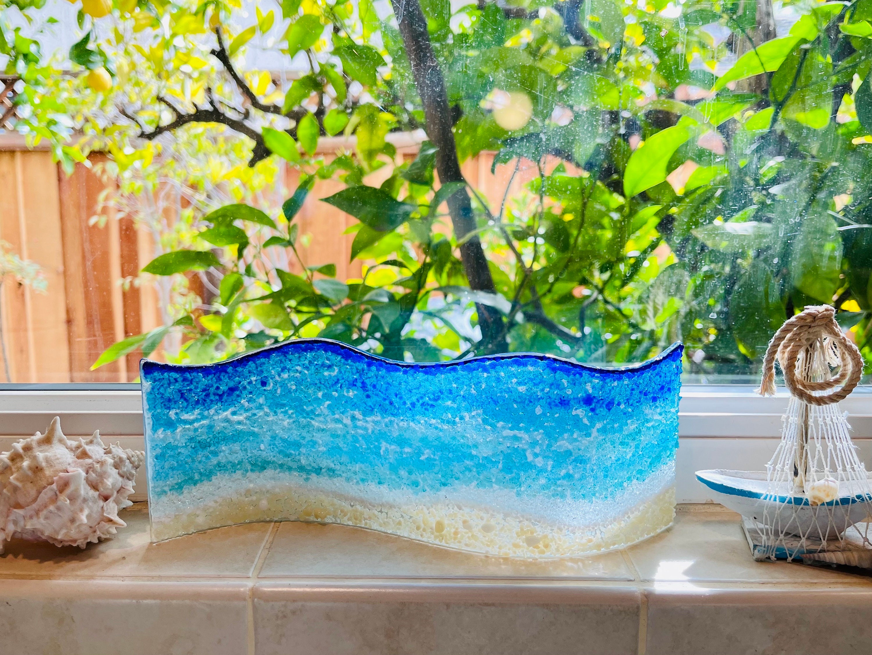 Fused Glass Ocean Wave Art, Turquoise Beach Decor, Free Standing