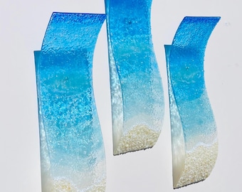 Fused Glass Ocean Waves Decor, Coastal Wall Art, Serene Sea Beach Large Set