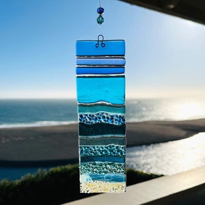 Fused Glass Beach Suncatcher, Ocean Waves Wall Art, Turquoise Sea Glass Art, Tropical Window Panel, Beach House Decor