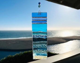 Fused Glass Beach Suncatcher, Ocean Waves Wall Art, Turquoise Sea Glass Art, Tropical Window Panel, Beach House Decor