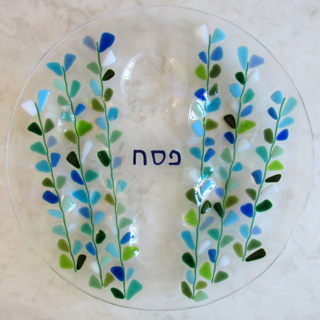 Fused Glass Seder Plate, Passover Platter, Spring Festival, Blooming Branches in Blue, Jewish