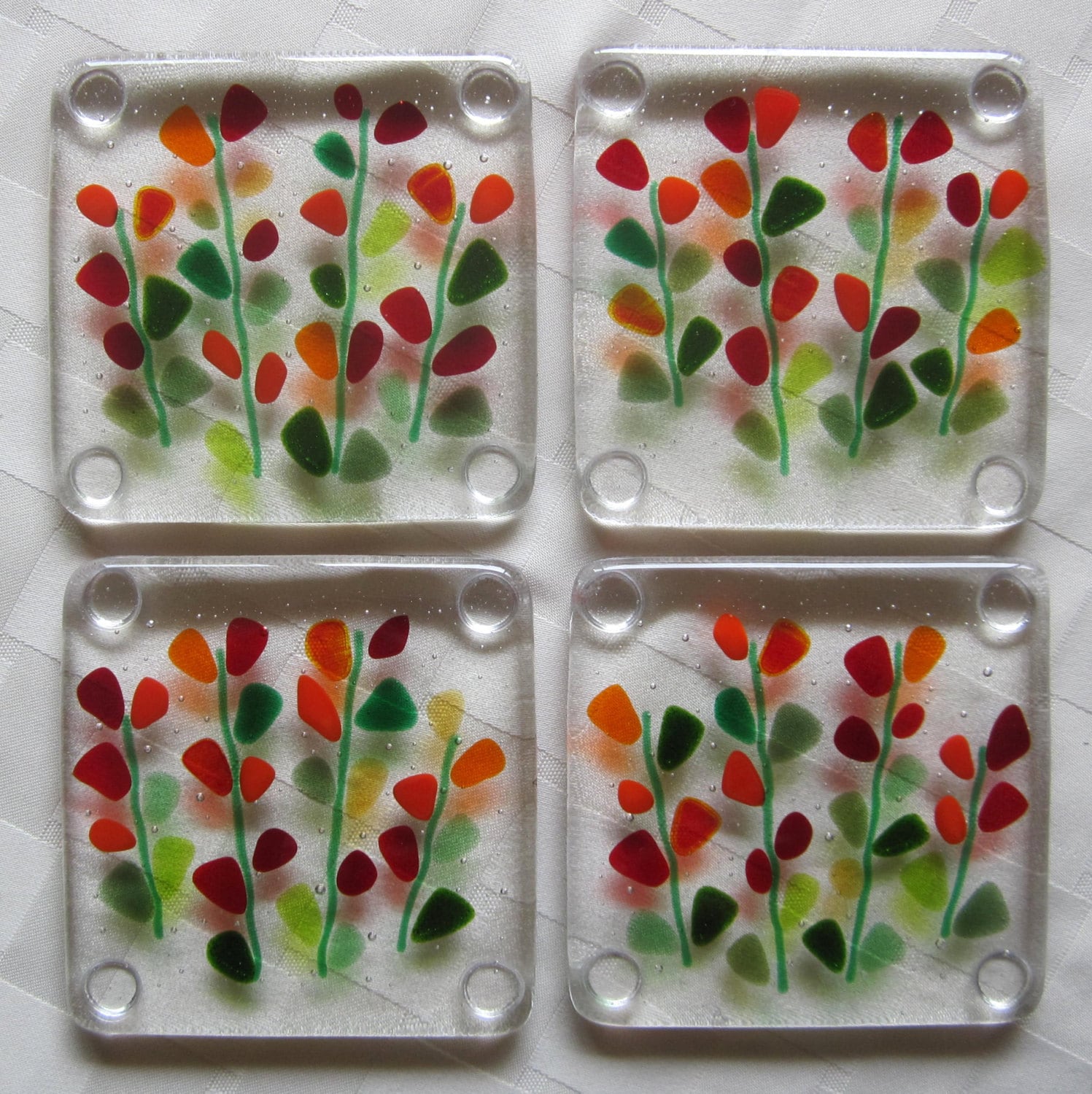 Fused Glass Coasters Blooming Branches in Red Glass Flowers Etsy