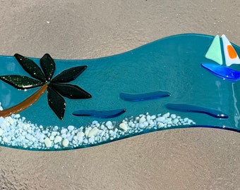 Fused Glass Wave Art, Ocean Wave, Palm Tree, Glass Boat, Turquoise Water, Hawaiian Glass, Beach House Decor