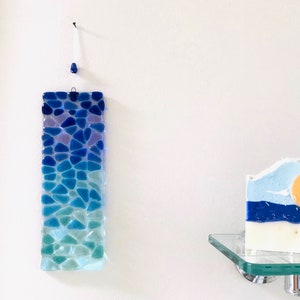 Fused Glass Beach Suncatcher, Mosaic Ombré Glass Wall Art, Ocean Waves, Turquoise Sea Glass Art, Tropical Window Panel