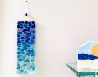 Fused Glass Beach Suncatcher, Mosaic Ombré Glass Wall Art, Ocean Waves, Turquoise Sea Glass Art, Tropical Window Panel