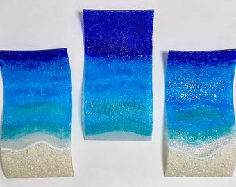 Fused Glass Ocean Waves Wall Decor, Set of 3 Large Coastal Beach Art