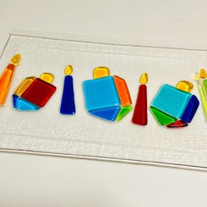 Hanukkah Platter, Fused Glass Dreidel Plate, Colorful Dreidels and Hanukkah Candles, Hanukkah Gift, Serving Dish