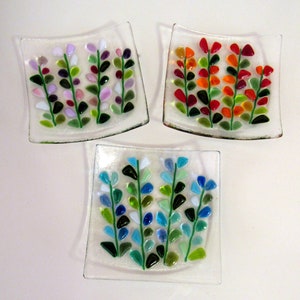 Fused Glass Plate, Floral Glass Dish, Flower Jewelry Keeper, Shakuf design Blooming Branches in Red, Blue, Pink, Purple
