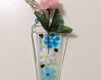 Fused Glass Wall Vase, Flower Vase, Wall Hanging Pocket, Turquoise and White Flowers, Mothers Day Gift, Glass Daisies