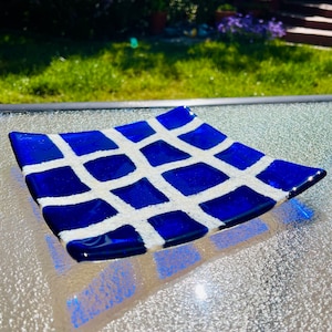 Fused Glass Ocean Blue Plate, Branching Coral Dish, Deep Blue Sea Glass Platter, Beach Glass Art