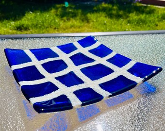Fused Glass Coral Plate, Branching Coral Dish, Deep Blue Sea Glass Platter, Beach Glass Art