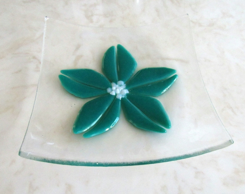 Fused Glass Plate Blue or Teal Flower Soap Dish Caribbean Etsy