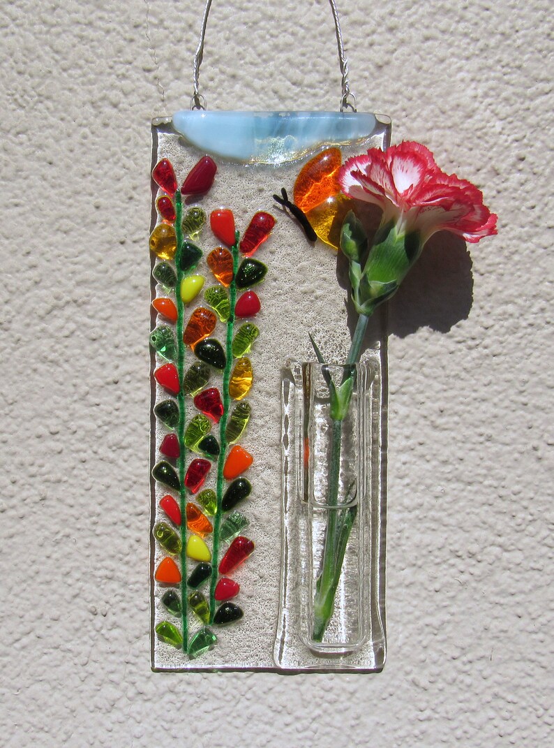 Fused Glass Flower Vase Wall Hanging Bud Vase Butterfly Etsy