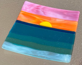 Fused Glass Beach Sunset Plate, Sunset Beach Decor Dish, Ocean Wave Glass Art