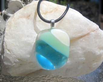 Fused Glass Necklace, Ocean Beach Glass Pendant, Turquoise Blue Sea Glass Necklace, Ocean Waves, Mother&#39;s Day Gift
