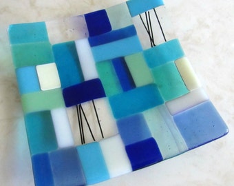 Fused Glass Plate, Modern Mosaic in Blue and Turquoise, Ocean Beach, Mosaic Beach Glass Art