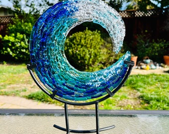 Fused Glass Ocean Wave Art, Free Standing Glass Wave, Turquoise Blue Ocean Waves Sculpture With Stand