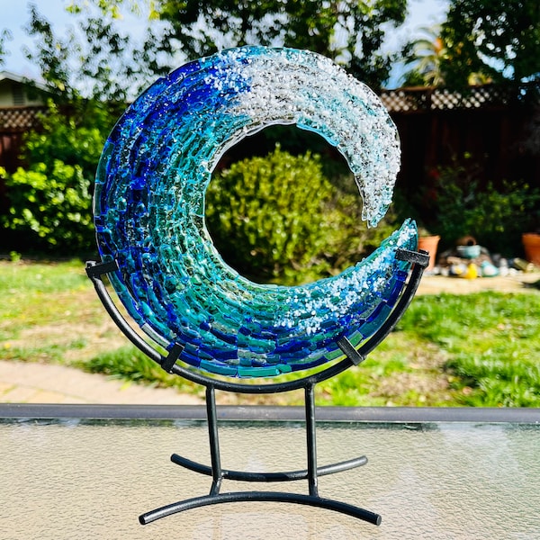 Fused Glass Ocean Wave Art, Free Standing Glass Wave, Turquoise Blue Ocean Waves Sculpture With Stand