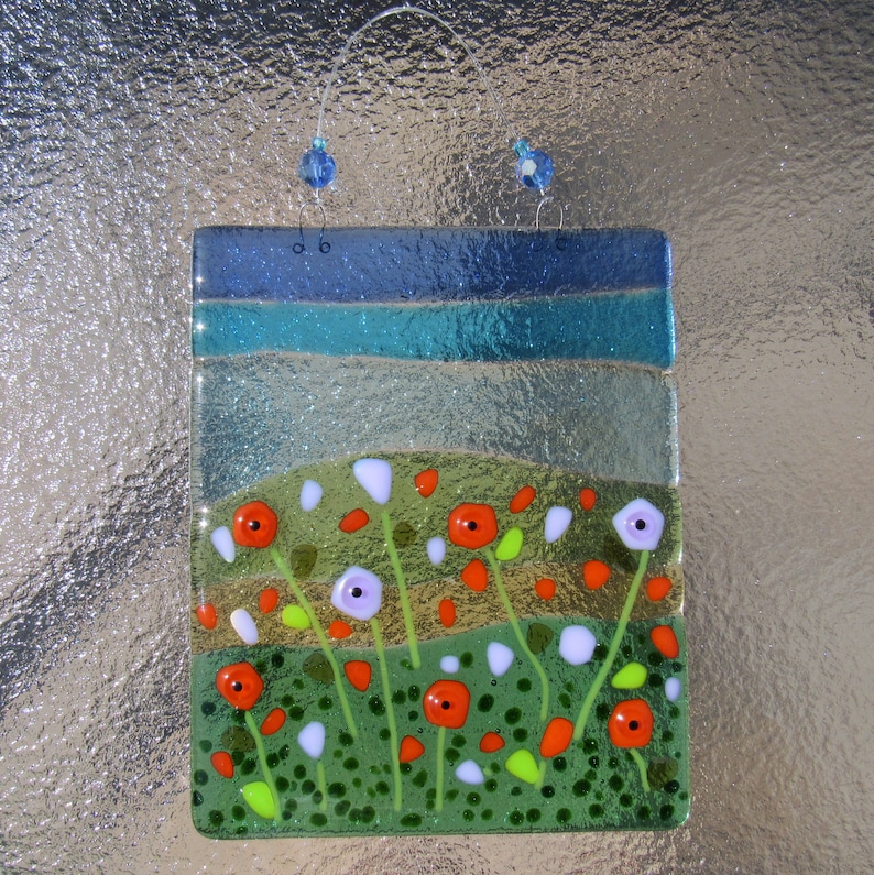Fused Glass Sun Catcher Glass Poppies Wall Art Orange and Etsy