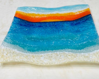 Fused Glass Beach Sunset Plate, Ocean Wave Serving Platter - Etsy