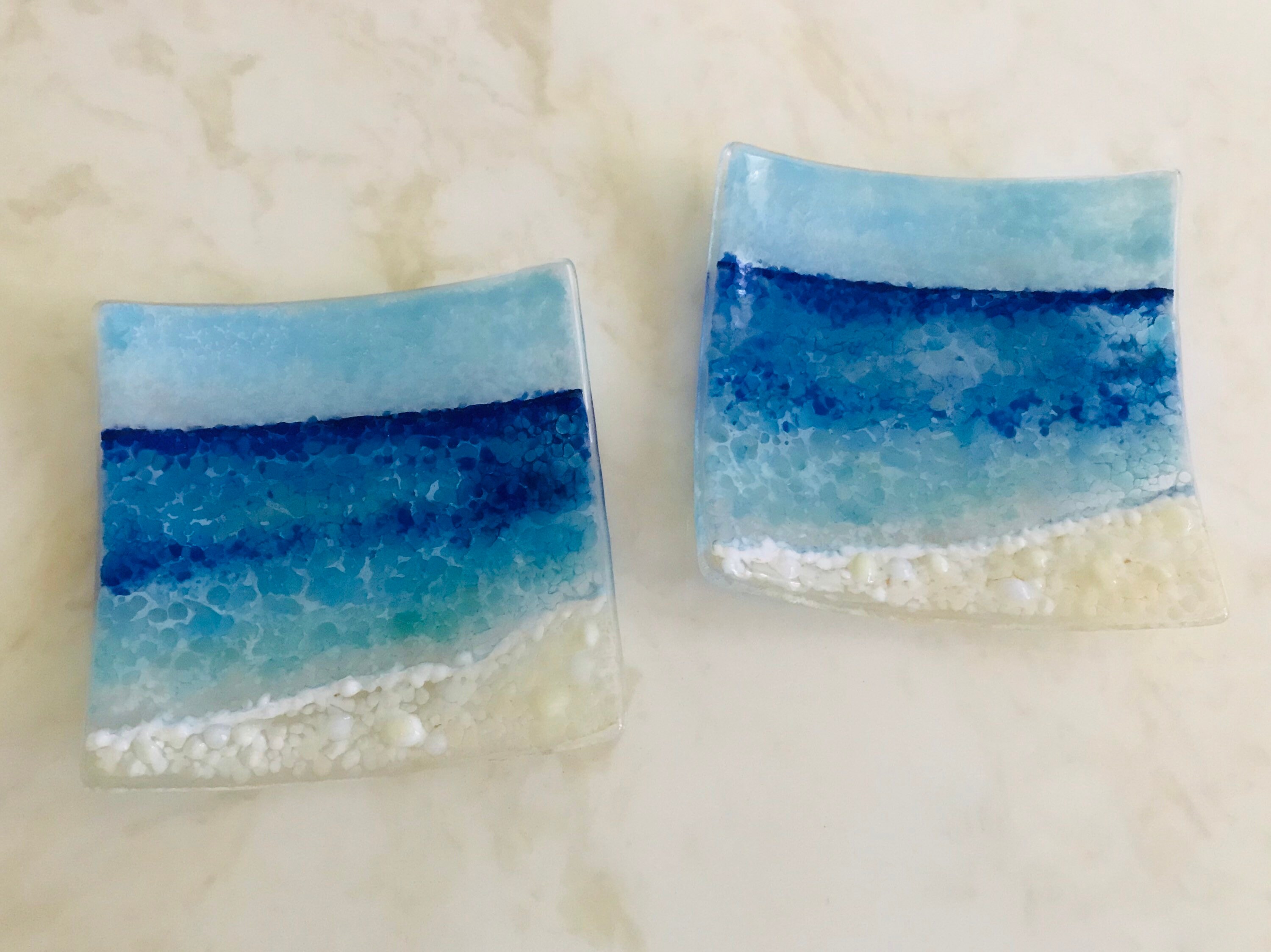 Fused Glass Turquoise and Lime Art Plate, Modern, Art Deco, Stacked