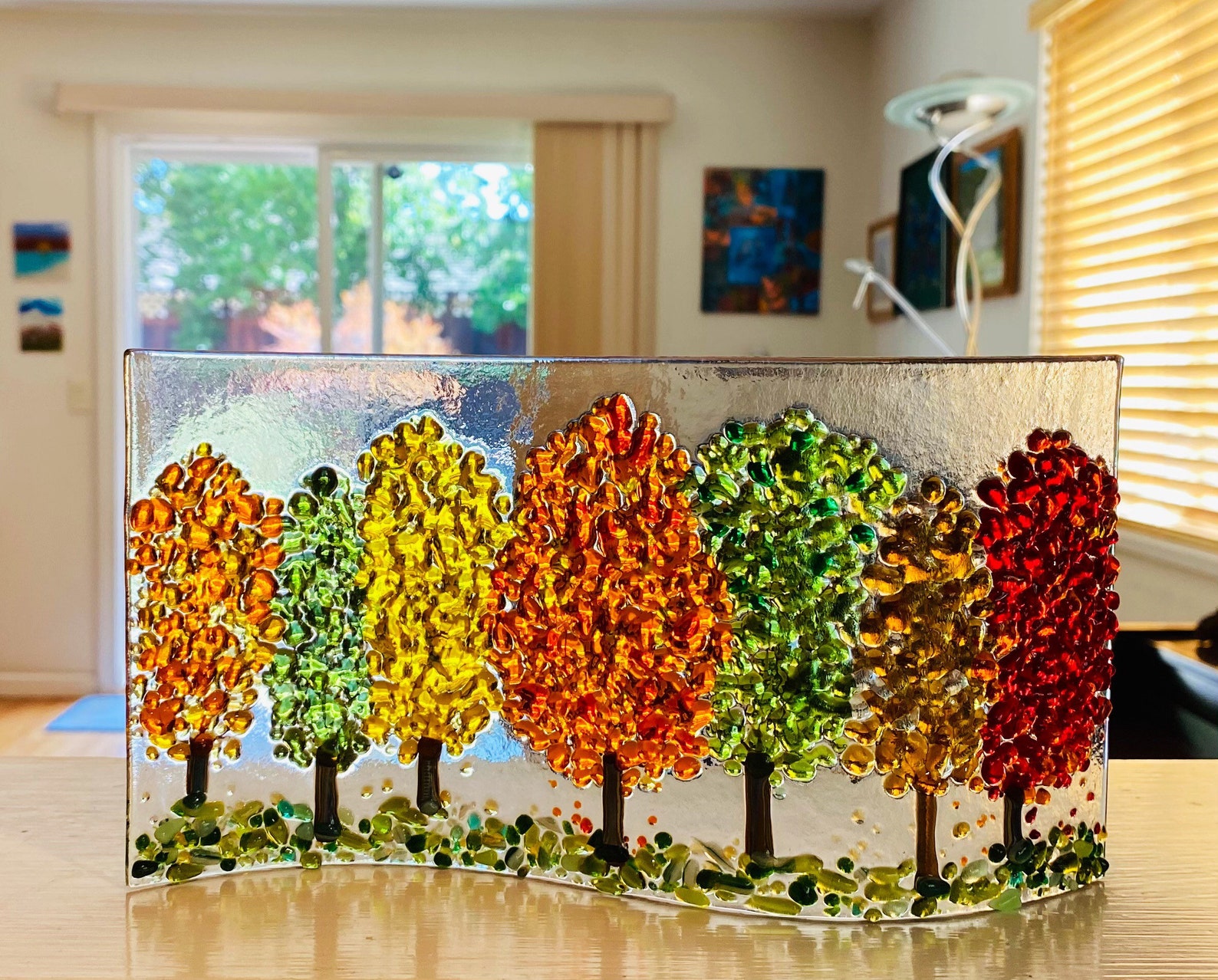 Fused Glass Fall Trees Art Autumn Leaves Free Standing Glass Etsy