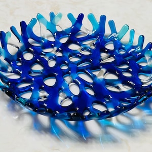 Fused Glass Blue Coral Bowl, Branching Coral Wall Decor, Turquoise Blue Sea Coral Art, Ocean Beach Decor, Beach Glass Art