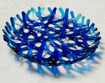 Fused Glass Blue Coral Bowl, Branching Coral Wall Decor, Turquoise Blue Sea Coral Art, Ocean Beach Decor, Beach Glass Art