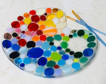 Fused Glass Art, Painter's Palette, Glass Paint Tray, Colorful Glass Platter, Gifts for Artist, Round Glass Plate, Glass Centerpiece