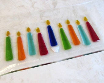 Hanukkah Glass Platter, Hanukkah Fused Glass Plate,  Festival of Lights, Colorful Candles, Menorah, Holiday Decor Gift