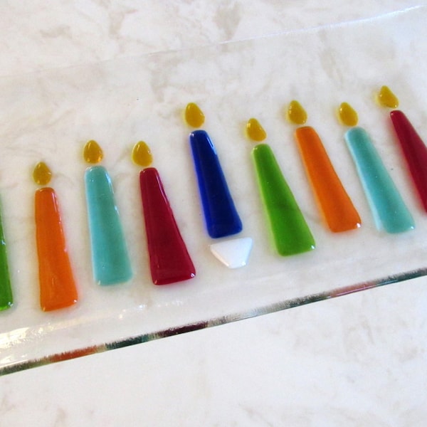 Hanukkah Glass Platter, Hanukkah Fused Glass Plate,  Festival of Lights, Colorful Candles, Menorah, Holiday Decor Gift