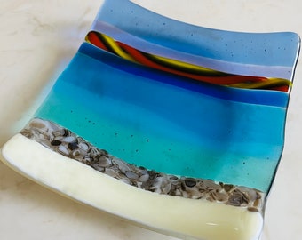 Fused Glass Beach Sunset Plate, Sunset Beach, Ocean Wave Glass Art, Twisted Cane, Turquoise Blue Sea Glass Jewelry Keeper