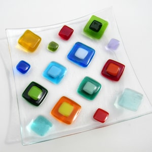 Fused Glass Plate, Bright Colorful Diamonds, Modern Glass Dish, Holiday Decor