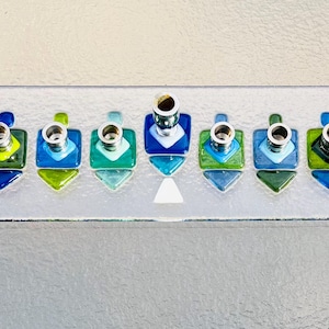 Dreidels en verre fusionné Menorah, cadeau Hanoucca bleu-vert