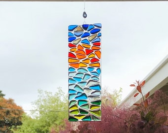 Fused Glass Beach Suncatcher, Mosaic Sunset Glass Wall Art, Ocean Waves, Green Sea Cliffs, Turquoise Sea Glass Art, Tropical Window Panel