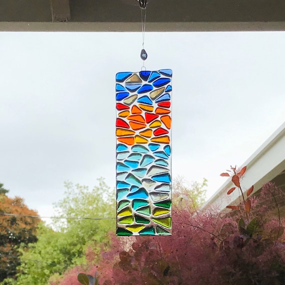 AMZFLW Sonnenfänger 'Sonnenuntergang Mosaik' – Buntglas-Welle, 20,3 Cm, Mit Metallkette – Für Fenster, Garten Oder Balkon, Einzigartiges Deko-Stück