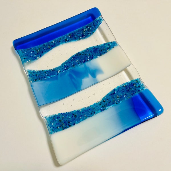 Fused Glass Ocean Wave Plate, Blue and White Beach Platter, Beach Art Decor