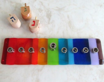 Fused Glass Rainbow Menorah, Hanukkah Gift, Bar Bat Mitzvah Gift, Kids Menorah, Children Menorah