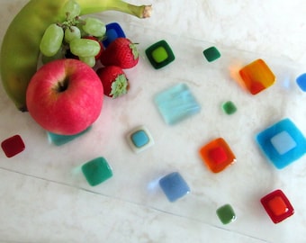 Fused Glass Platter, Serving Dish, Colorful Squares, Bread Loaf Tray, Fruits, Cake Platter, Cheese and Crackers