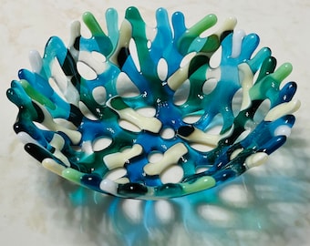 Fused Glass Coral Bowl, Branching Coral Decor, Turquoise, Emerald Seashells Holder, Ocean Beach Glass Art