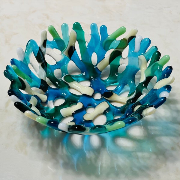 Fused Glass Coral Bowl, Branching Coral Decor, Turquoise, Emerald Seashells Holder, Ocean Beach Glass Art