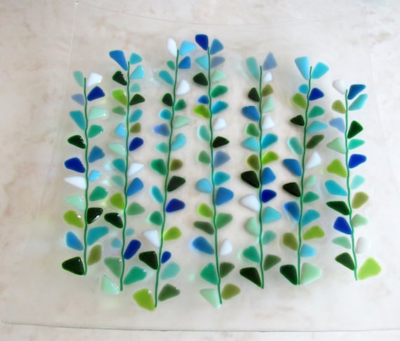Fused Glass Serving Plate, Blooming Branches Design, Turquoise