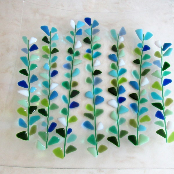 Fused Glass Plate, Serving Dish, Square Platter, Shakuf design Blooming Branches in Blue and Turquoise, Mothers Day Cake Platter