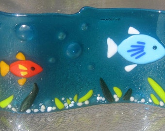 Fused Glass Wave Art, Glass Fish, Underwater Marine Life, Turquoise Blue Water, Beach House Decor